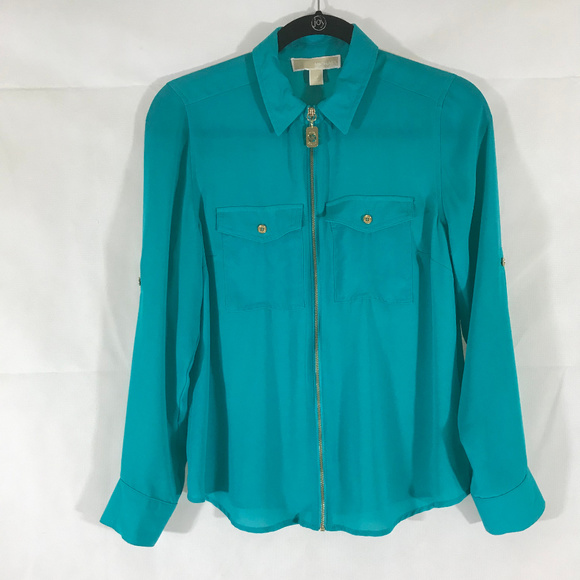 Michael Kors Green Zip up Blouse-Size 4P - Picture 1 of 8